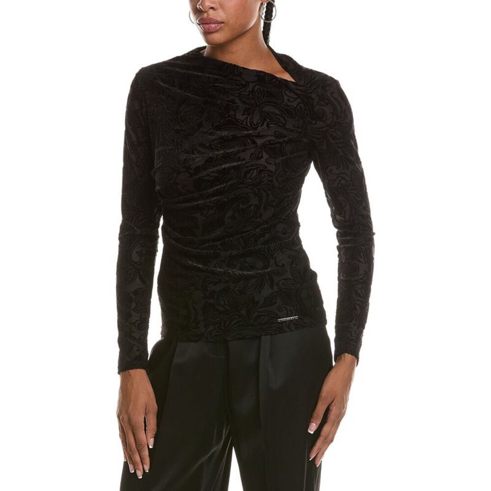 Halston Womens Velvet Paisley Long Sleeve Boat Neck Top, Black